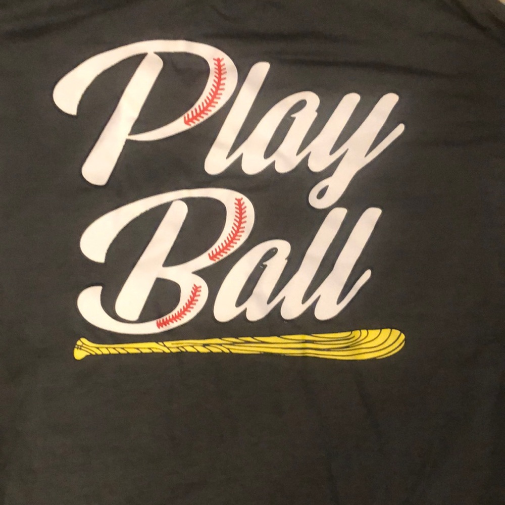 Racer back tee, “Play Ball”. Charcoal grey.
